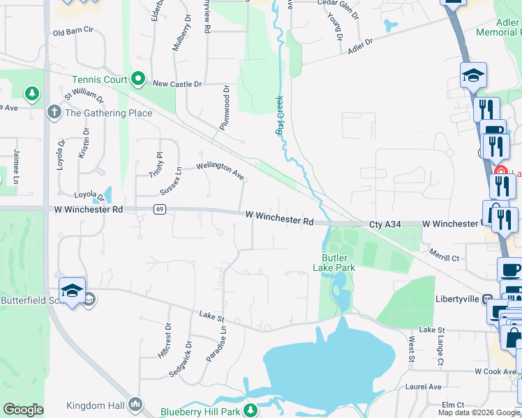 map of restaurants, bars, coffee shops, grocery stores, and more near 1010 West Winchester Road in Libertyville