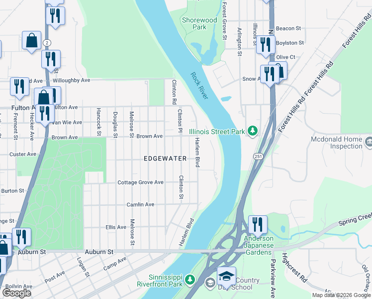 map of restaurants, bars, coffee shops, grocery stores, and more near 2127 Clinton Street in Rockford