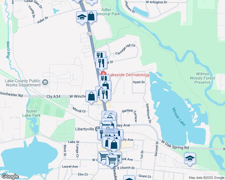 map of restaurants, bars, coffee shops, grocery stores, and more near 133 East Winchester Road in Libertyville