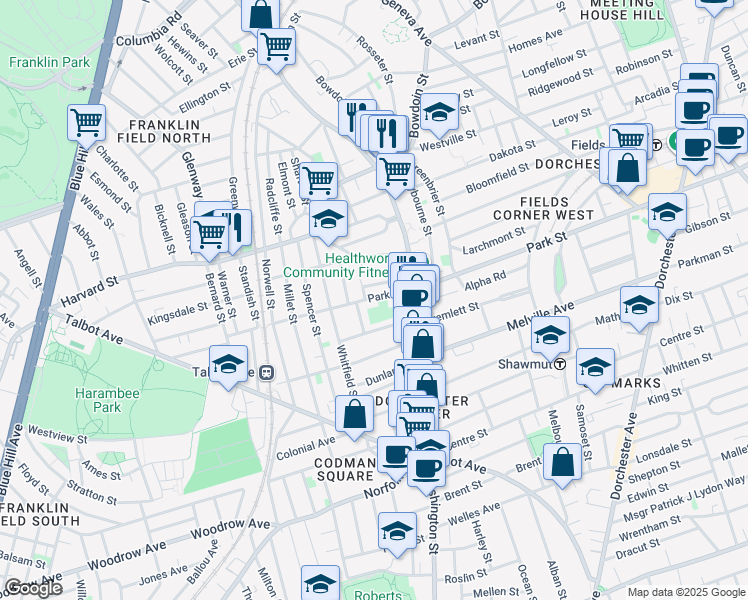 map of restaurants, bars, coffee shops, grocery stores, and more near 8 Elwyn Road in Boston