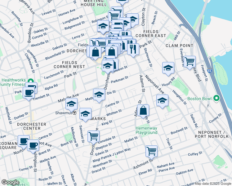 map of restaurants, bars, coffee shops, grocery stores, and more near 48 Dix Street in Boston