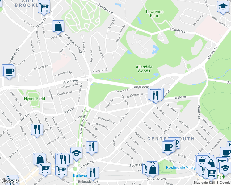 map of restaurants, bars, coffee shops, grocery stores, and more near 45 Vincent Road in Boston