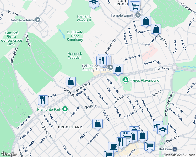 map of restaurants, bars, coffee shops, grocery stores, and more near 578 Veterans of Foreign Wars Parkway in Boston