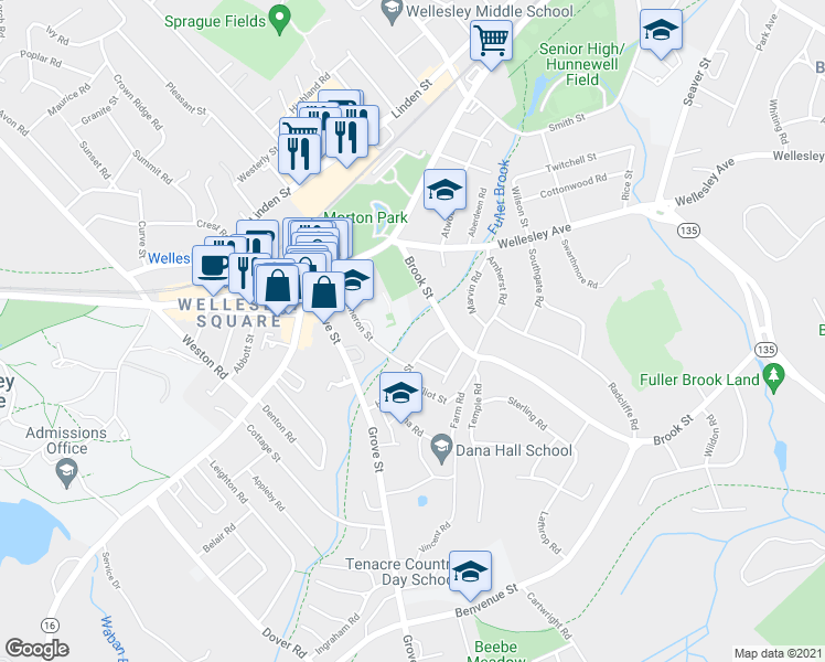 map of restaurants, bars, coffee shops, grocery stores, and more near 27 Brook Street in Wellesley