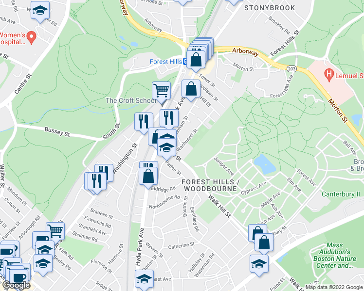 map of restaurants, bars, coffee shops, grocery stores, and more near Wachusett St & Varney St in Boston