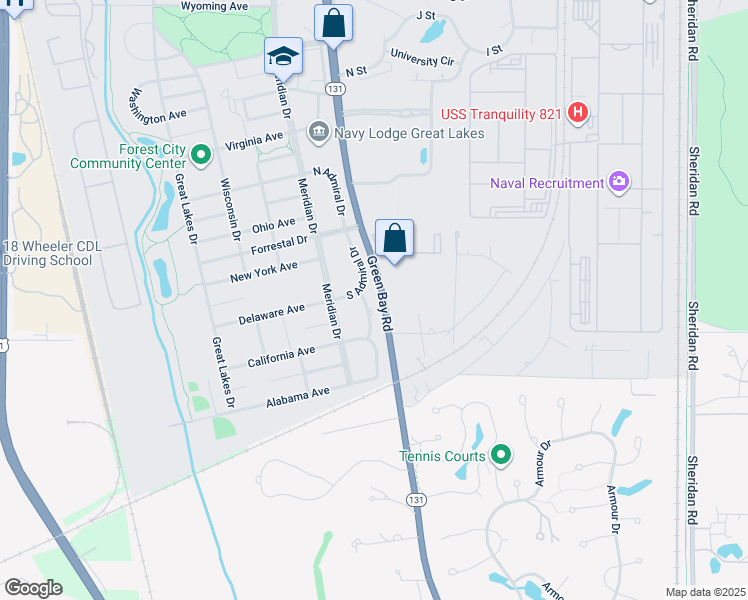 map of restaurants, bars, coffee shops, grocery stores, and more near 3500 Green Bay Road in North Chicago