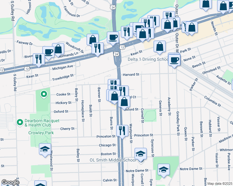 map of restaurants, bars, coffee shops, grocery stores, and more near 2200 South Telegraph Road in Dearborn