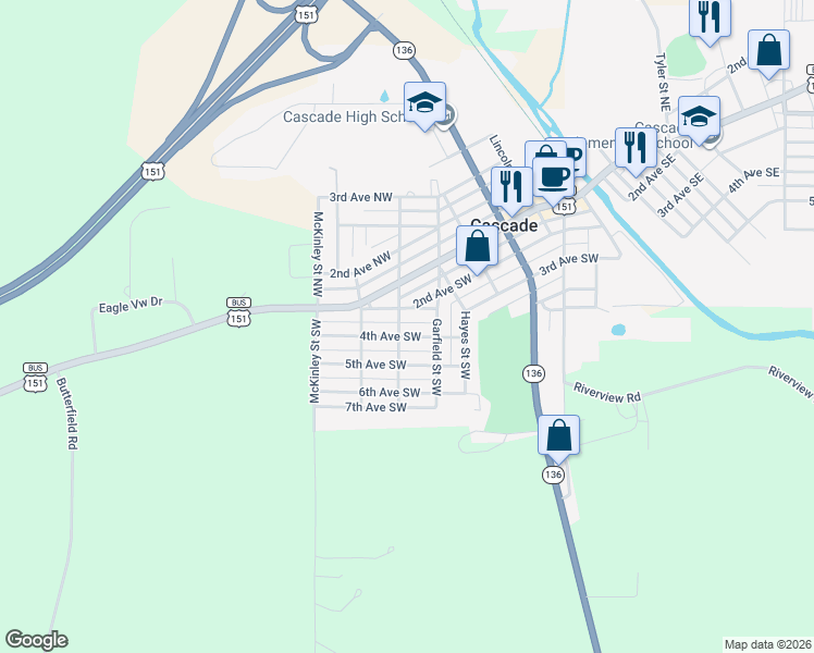 map of restaurants, bars, coffee shops, grocery stores, and more near 199-205 Arthur St SW in Cascade