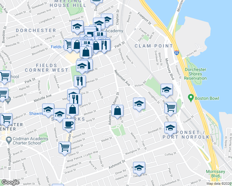map of restaurants, bars, coffee shops, grocery stores, and more near 393 Adams Street in Boston