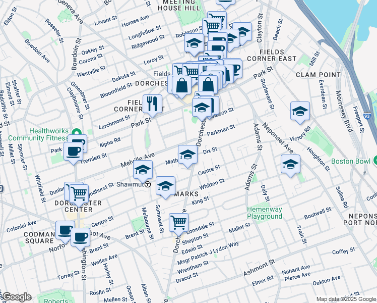 map of restaurants, bars, coffee shops, grocery stores, and more near 6 Silloway Street in Boston