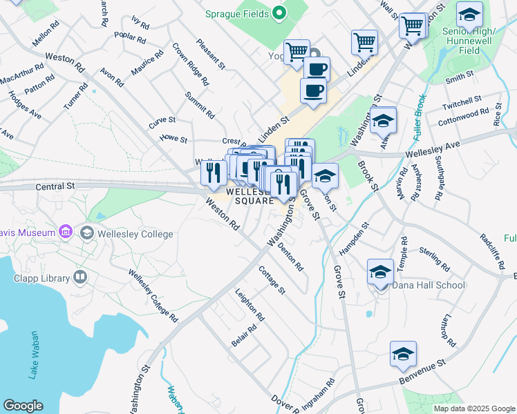map of restaurants, bars, coffee shops, grocery stores, and more near in Wellesley