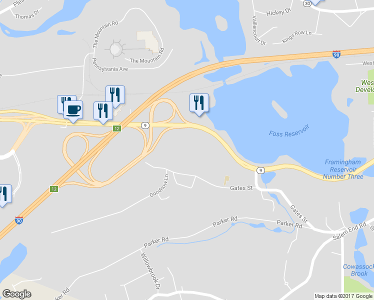 map of restaurants, bars, coffee shops, grocery stores, and more near 1630 Worcester Road in Framingham