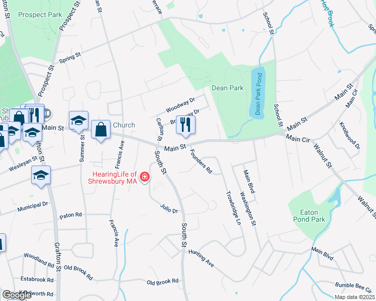 map of restaurants, bars, coffee shops, grocery stores, and more near 3 Founders Road in Shrewsbury
