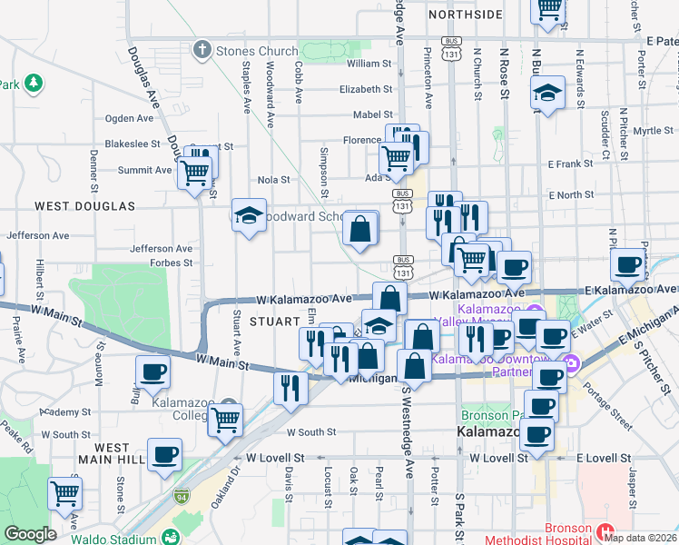 map of restaurants, bars, coffee shops, grocery stores, and more near 709 Willard Street in Kalamazoo