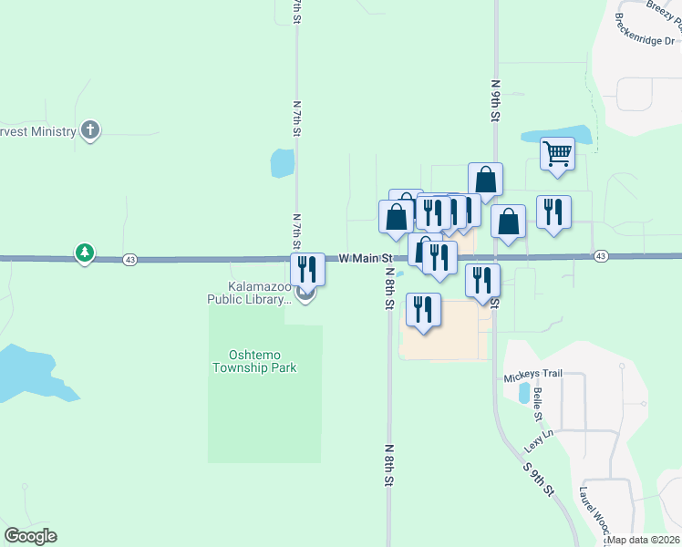 map of restaurants, bars, coffee shops, grocery stores, and more near 7085 West Main Street in Kalamazoo