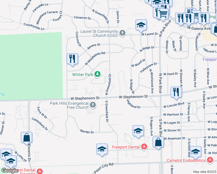 map of restaurants, bars, coffee shops, grocery stores, and more near 56 North Greenfield Drive in Freeport
