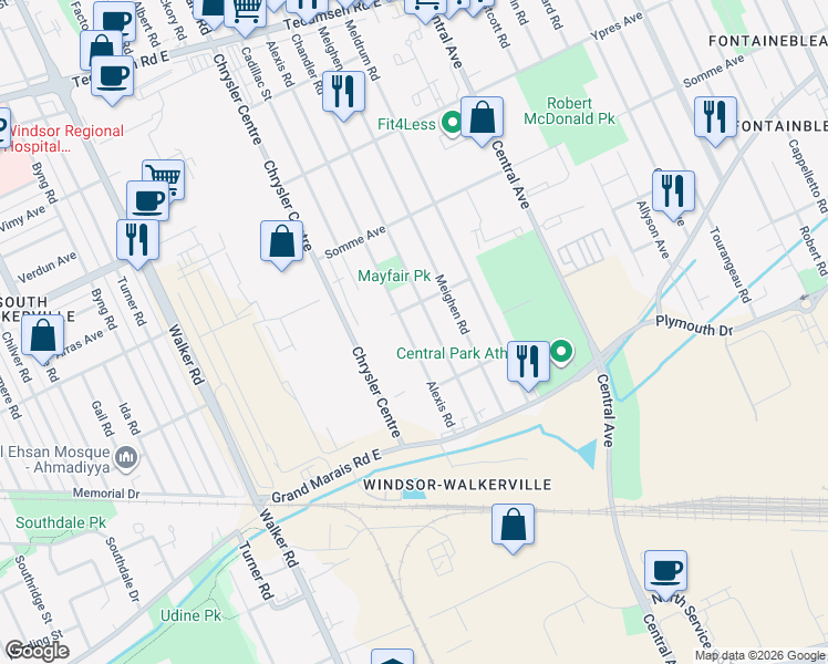 map of restaurants, bars, coffee shops, grocery stores, and more near 2624 Chandler Road in Windsor