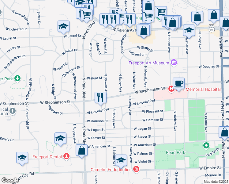 map of restaurants, bars, coffee shops, grocery stores, and more near 33 North Stewart Avenue in Freeport