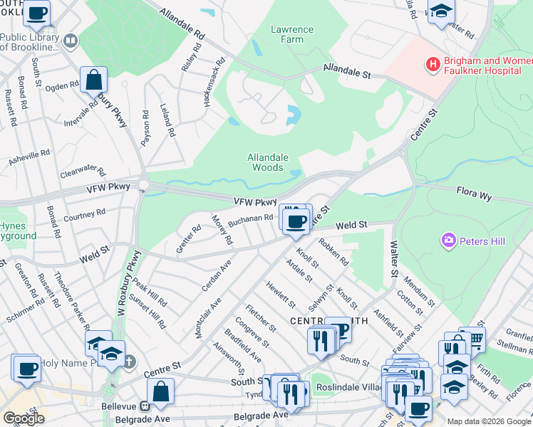 map of restaurants, bars, coffee shops, grocery stores, and more near 26 VFW Parkway in Boston