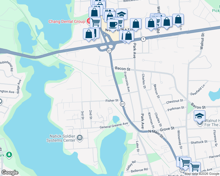 map of restaurants, bars, coffee shops, grocery stores, and more near 7 Jackson Court in Natick
