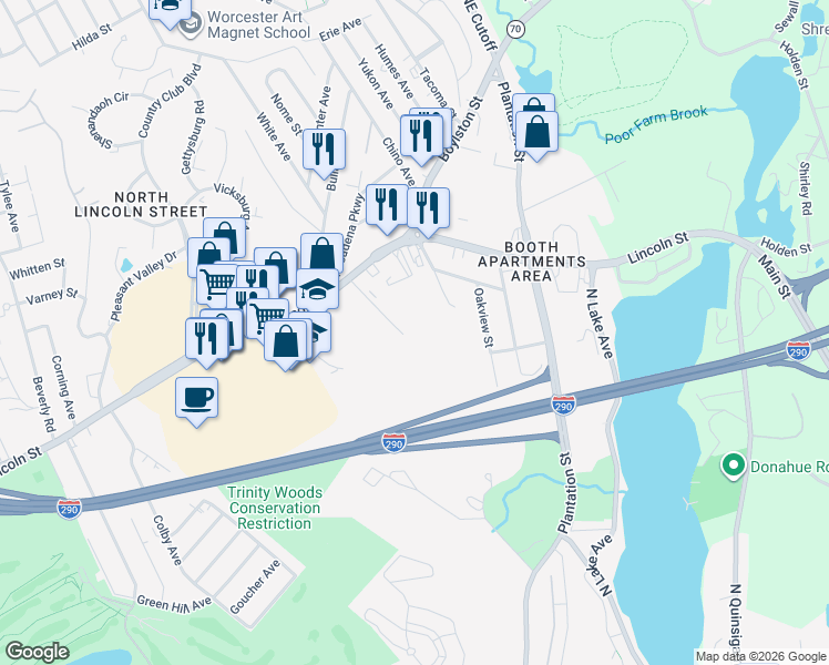map of restaurants, bars, coffee shops, grocery stores, and more near 51 Oriol Drive in Worcester