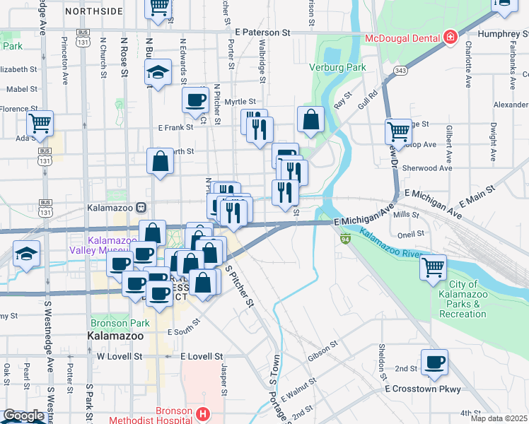 map of restaurants, bars, coffee shops, grocery stores, and more near 458 Walbridge Street in Kalamazoo