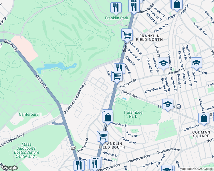 map of restaurants, bars, coffee shops, grocery stores, and more near 19 Shandon Road in Boston