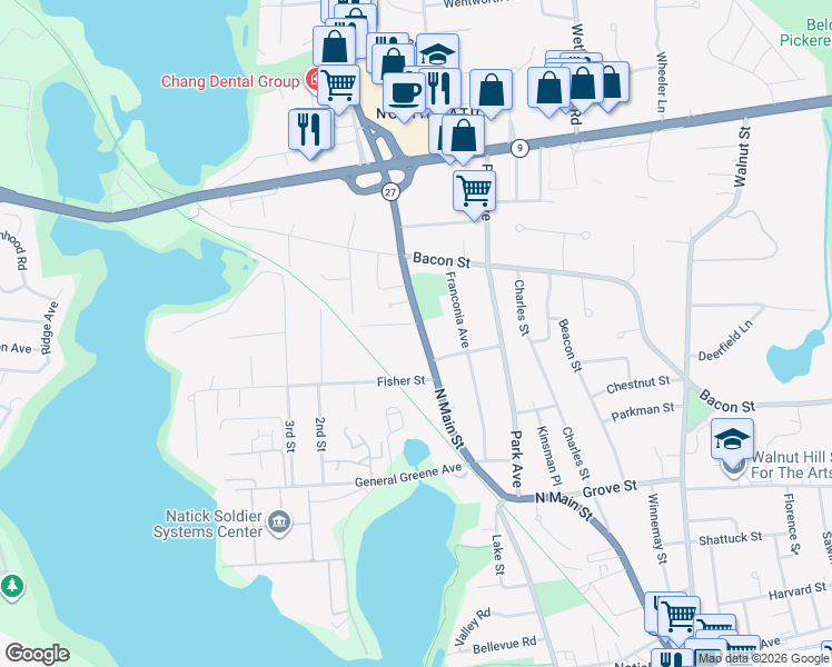 map of restaurants, bars, coffee shops, grocery stores, and more near 144 North Main Street in Natick