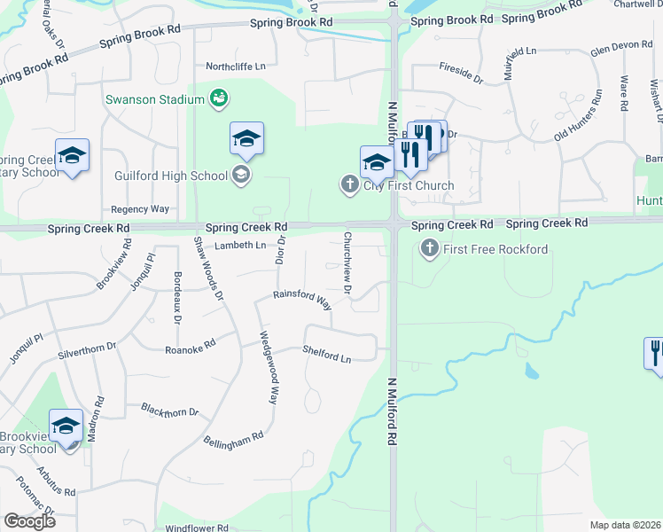 map of restaurants, bars, coffee shops, grocery stores, and more near 2202 Churchview Drive in Rockford