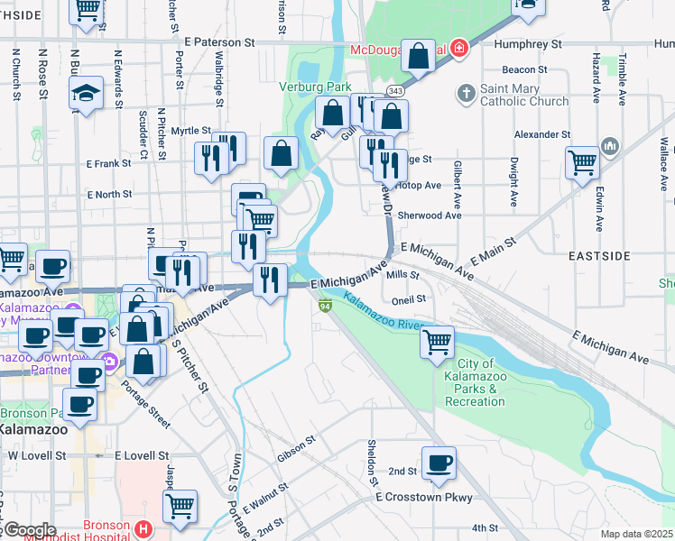 map of restaurants, bars, coffee shops, grocery stores, and more near 701 East Michigan Avenue in Kalamazoo