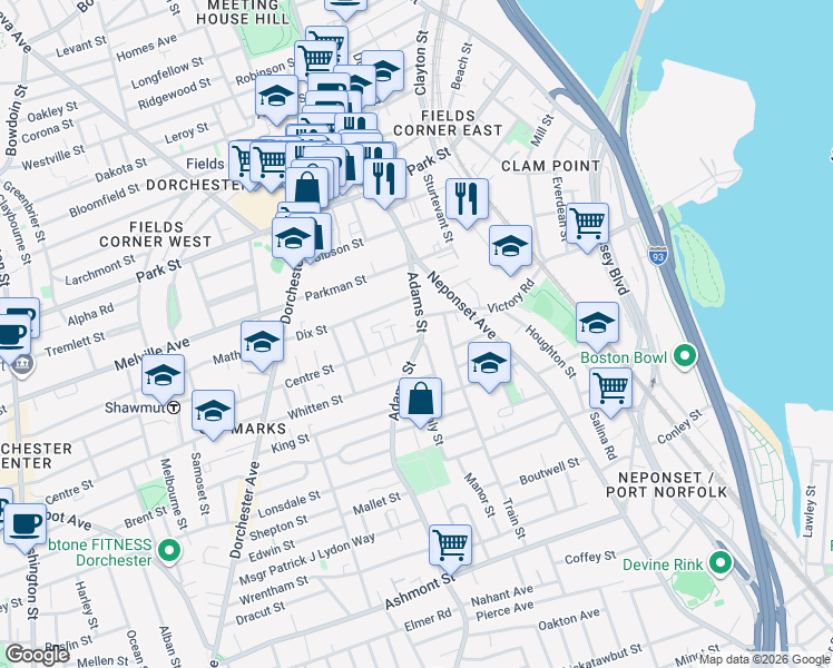 map of restaurants, bars, coffee shops, grocery stores, and more near 411 Adams Street in Boston