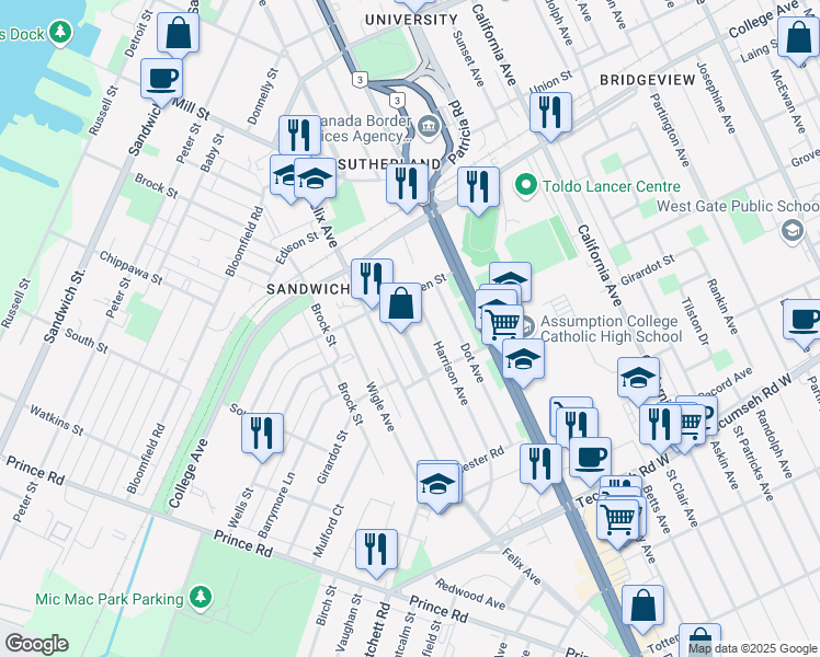 map of restaurants, bars, coffee shops, grocery stores, and more near 1036 Lena Avenue in Windsor