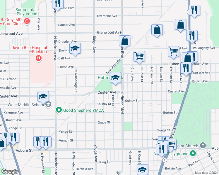 map of restaurants, bars, coffee shops, grocery stores, and more near 2100 Huffman Boulevard in Rockford