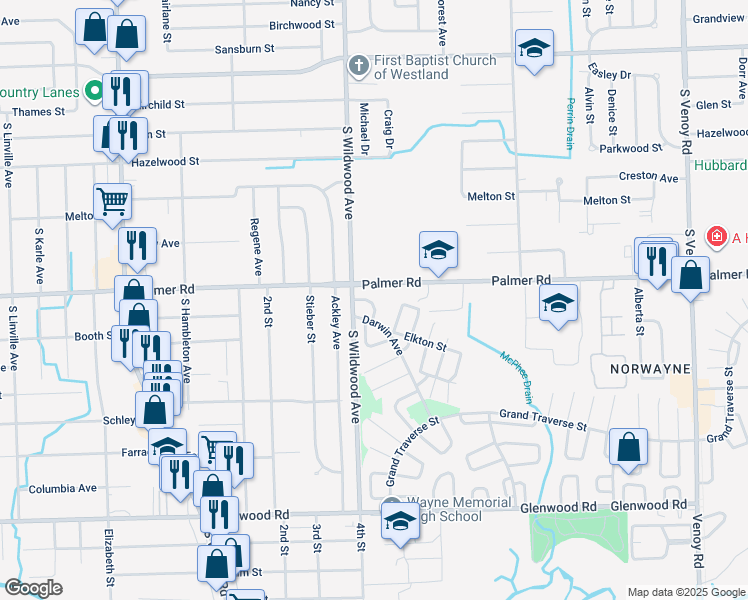 map of restaurants, bars, coffee shops, grocery stores, and more near 1915 Eagle Court in Westland