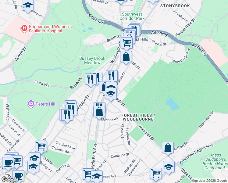 map of restaurants, bars, coffee shops, grocery stores, and more near 18 Walk Hill Street in Boston