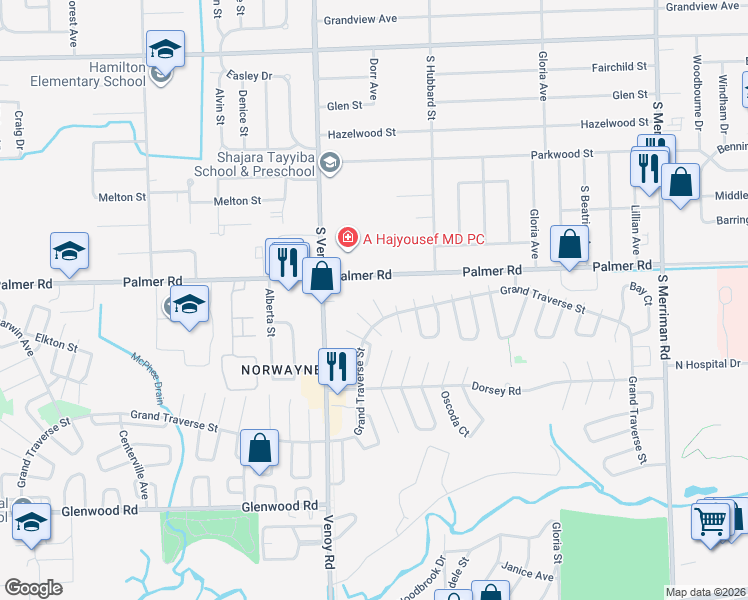 map of restaurants, bars, coffee shops, grocery stores, and more near 32561 Palmer Road in Westland