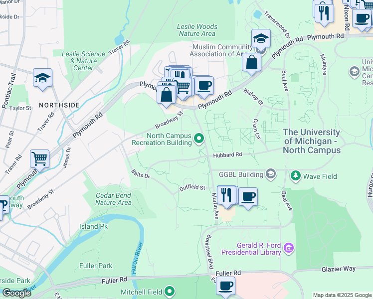 map of restaurants, bars, coffee shops, grocery stores, and more near 1780 Broadway Street in Ann Arbor