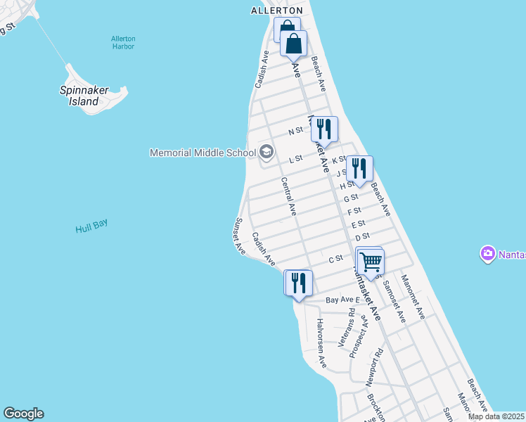 map of restaurants, bars, coffee shops, grocery stores, and more near 9 H Street in Hull