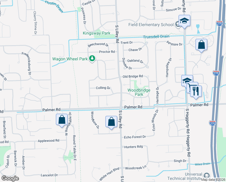 map of restaurants, bars, coffee shops, grocery stores, and more near 42526 Colling Drive in Canton