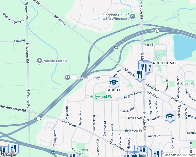 map of restaurants, bars, coffee shops, grocery stores, and more near 1316 Ravenwood Avenue in Ann Arbor
