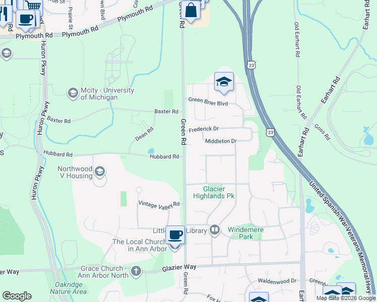 map of restaurants, bars, coffee shops, grocery stores, and more near 1502 Green Road in Ann Arbor