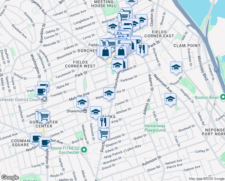 map of restaurants, bars, coffee shops, grocery stores, and more near 6 Silloway Street in Boston