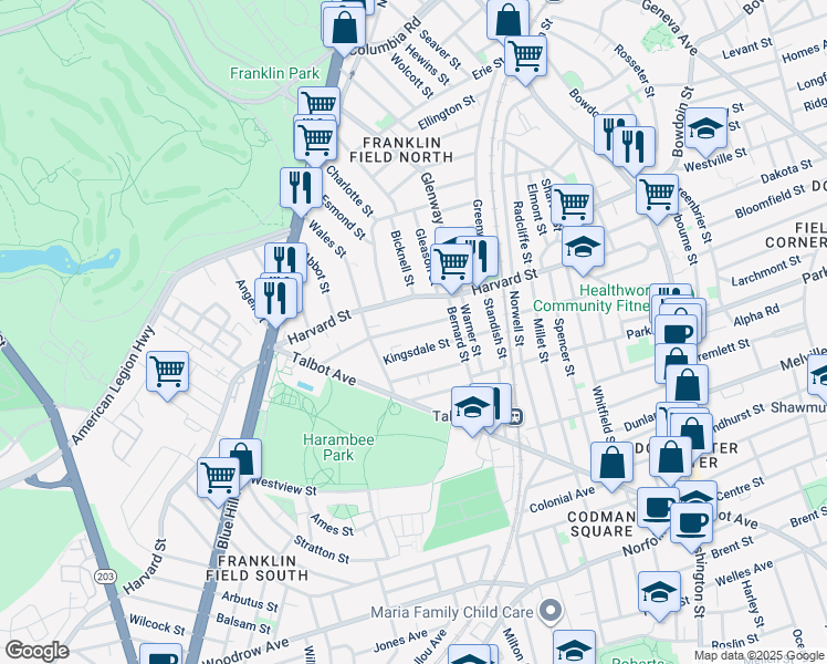 map of restaurants, bars, coffee shops, grocery stores, and more near 25 Nightingale Street in Boston