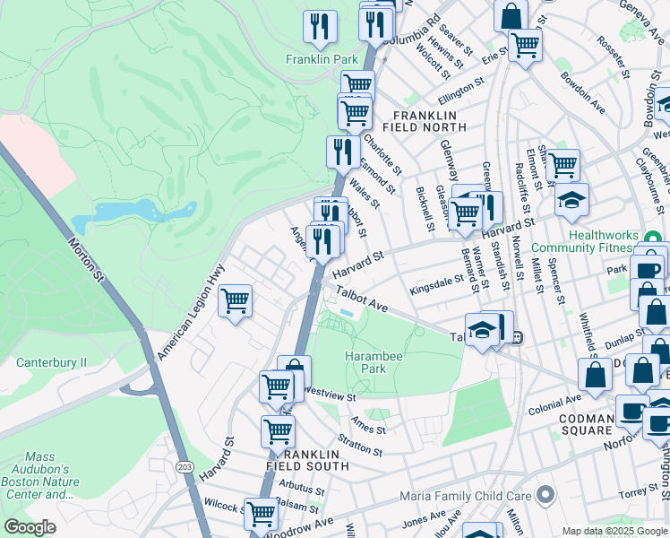 map of restaurants, bars, coffee shops, grocery stores, and more near 19 Vesta Road in Boston