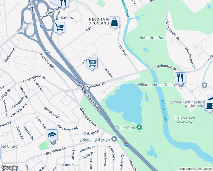 map of restaurants, bars, coffee shops, grocery stores, and more near 118-134 Kendrick Street in Needham