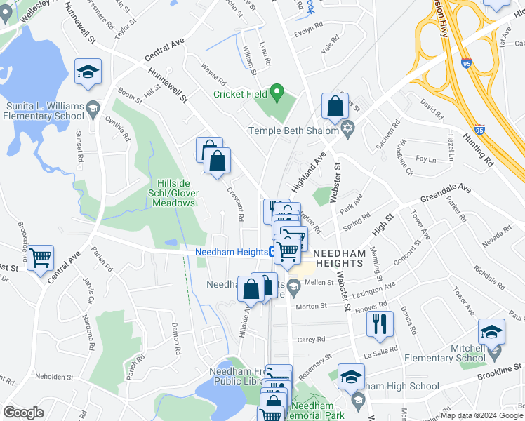 map of restaurants, bars, coffee shops, grocery stores, and more near 210 Hillside Avenue in Needham