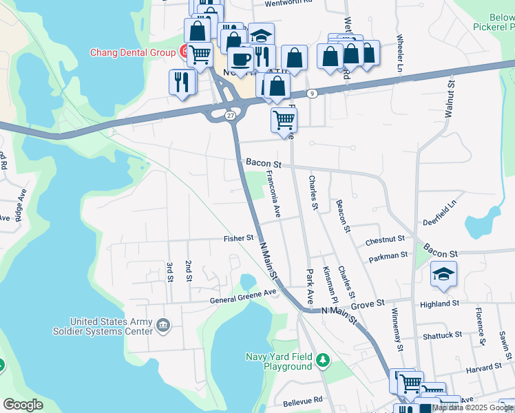 map of restaurants, bars, coffee shops, grocery stores, and more near 151 North Main Street in Natick