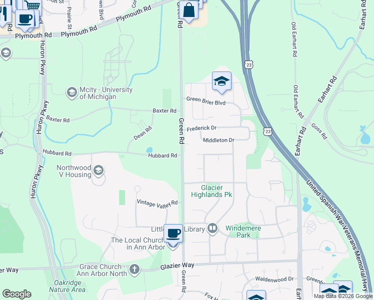 map of restaurants, bars, coffee shops, grocery stores, and more near 1502 Green Road in Ann Arbor
