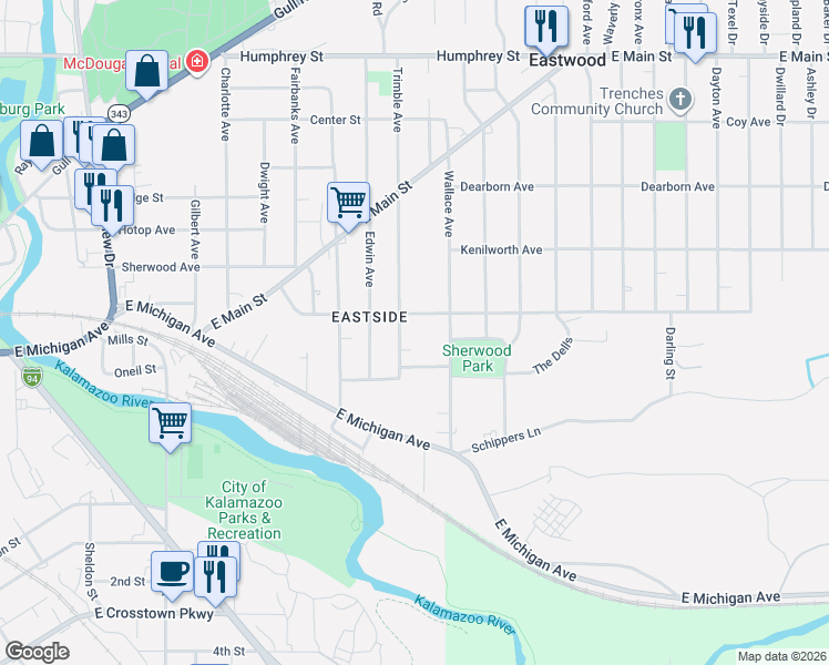 map of restaurants, bars, coffee shops, grocery stores, and more near 418 Trimble Avenue in Kalamazoo