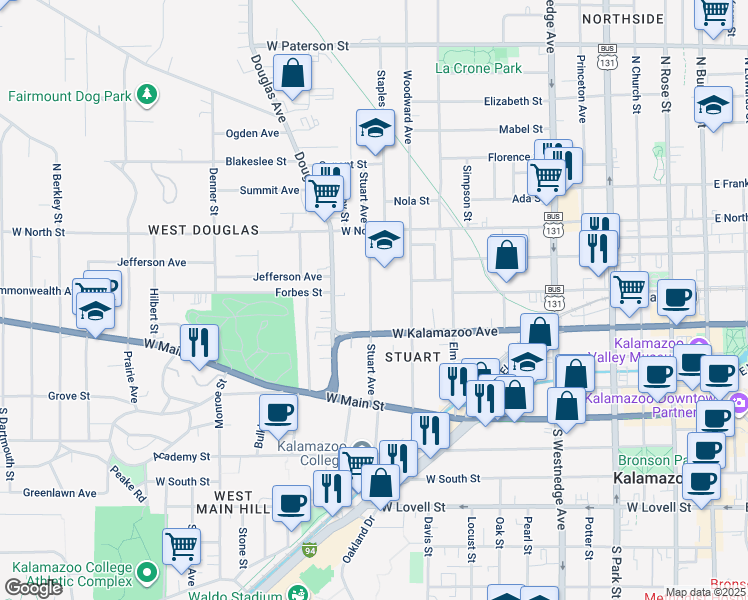map of restaurants, bars, coffee shops, grocery stores, and more near 436 Stuart Avenue in Kalamazoo
